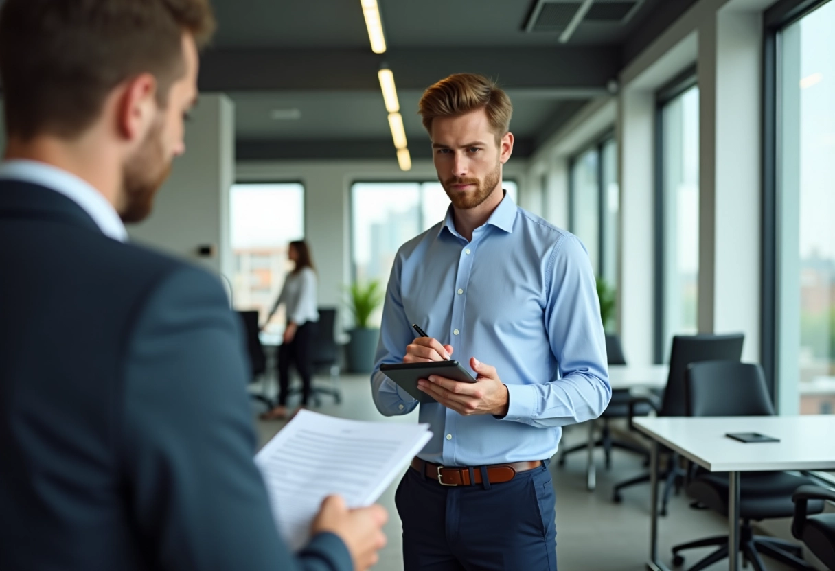 Homme signant un contrat de location sur tablette dans un bureau