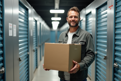 Homme souriant tenant une boîte en stockage intérieur