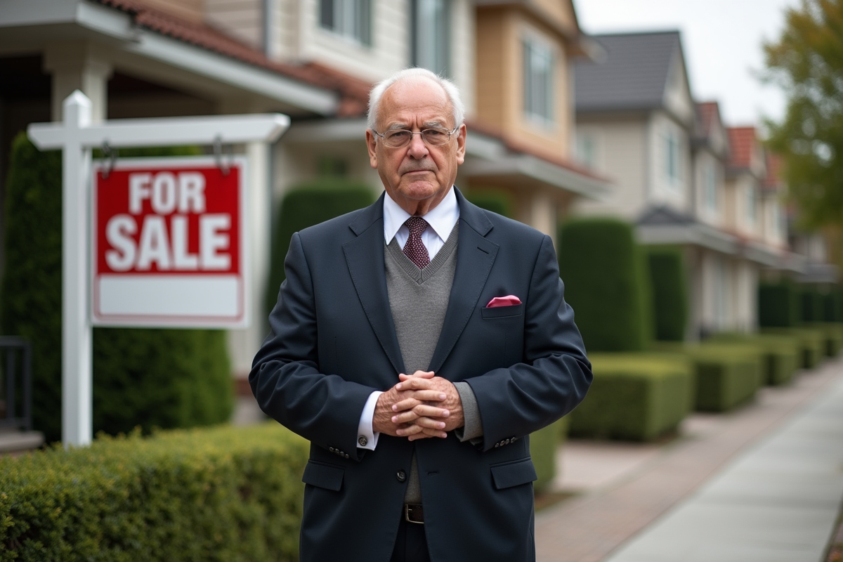 Homme âgé devant panneau vente immobilière en extérieur