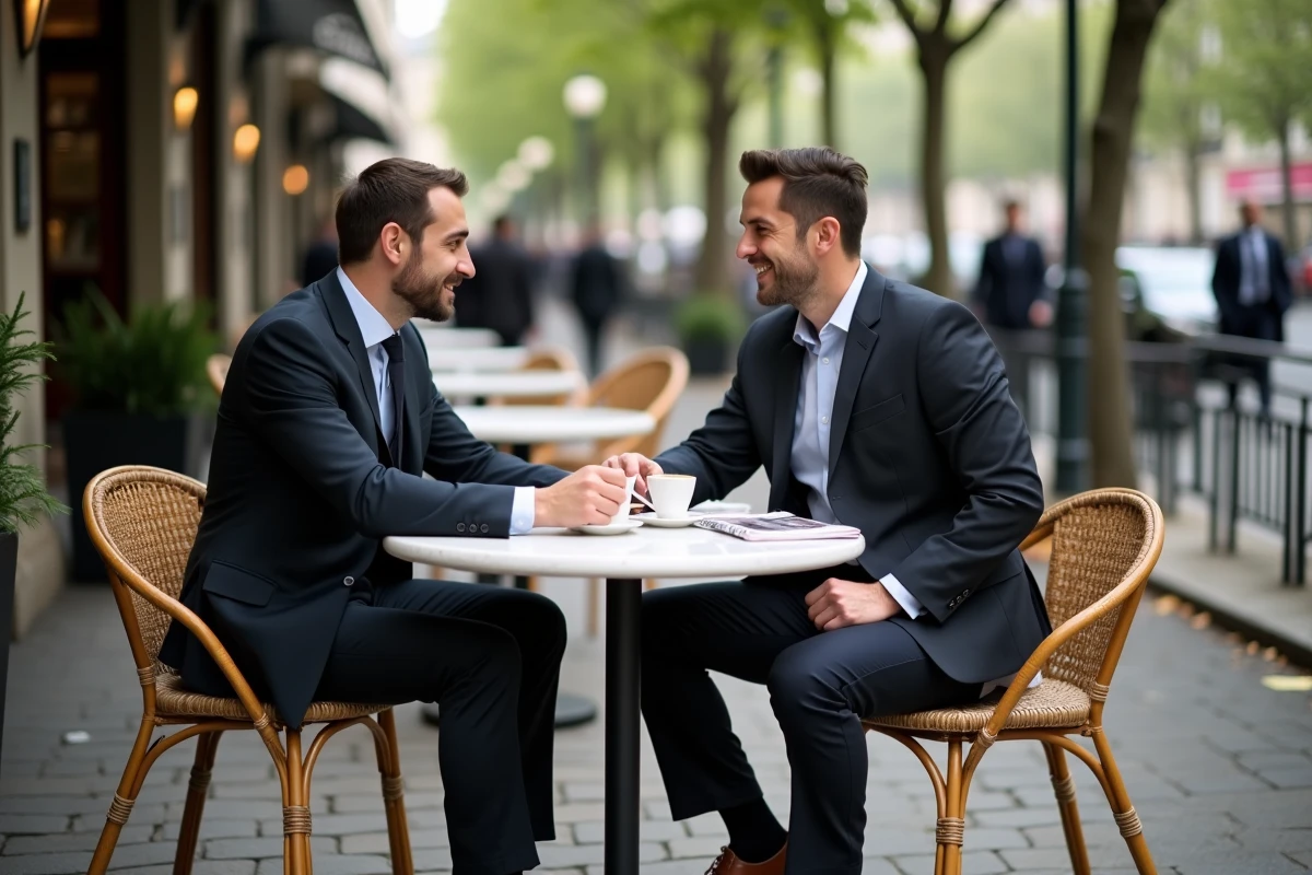 Deux hommes d'affaires en costume discutant en terrasse d'un café chic dans le 8e arrondissement de Paris