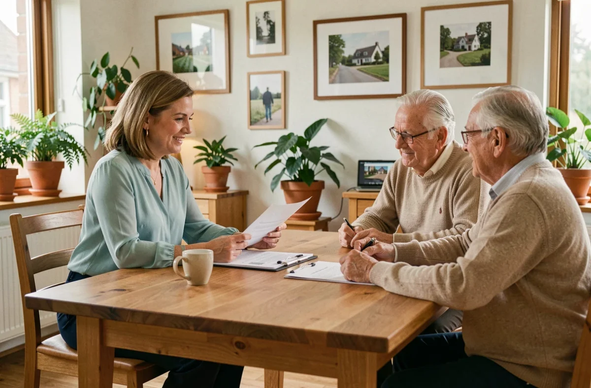 Conseillère Human Immobilier accompagnant un couple de seniors lors d'un rendez-vous dans l'Allier