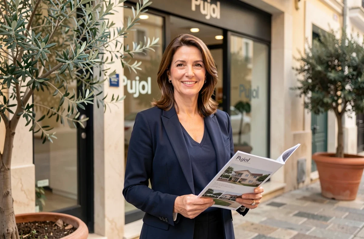 Agente immobilière souriante devant la vitrine de l'agence Immobilière Pujol à Marseille
