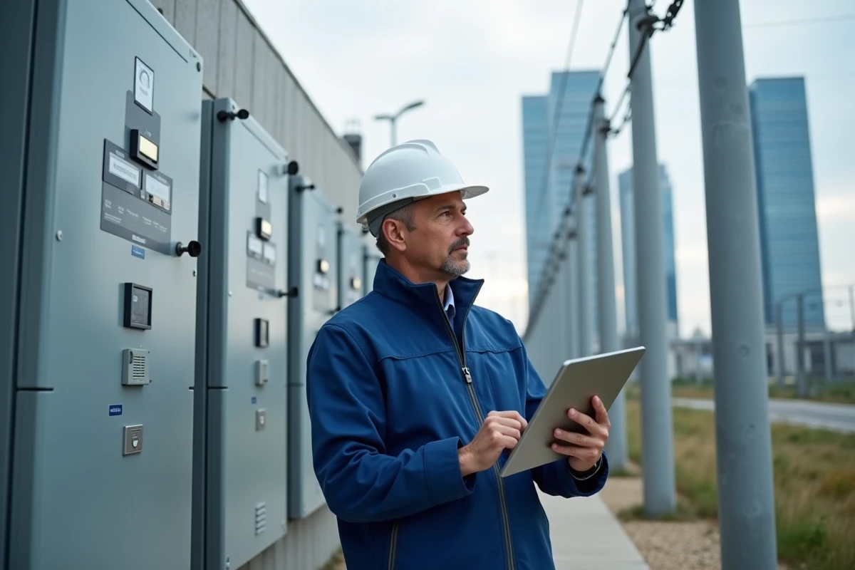 Ingénieur vérifiant un panneau électrique à La Défense