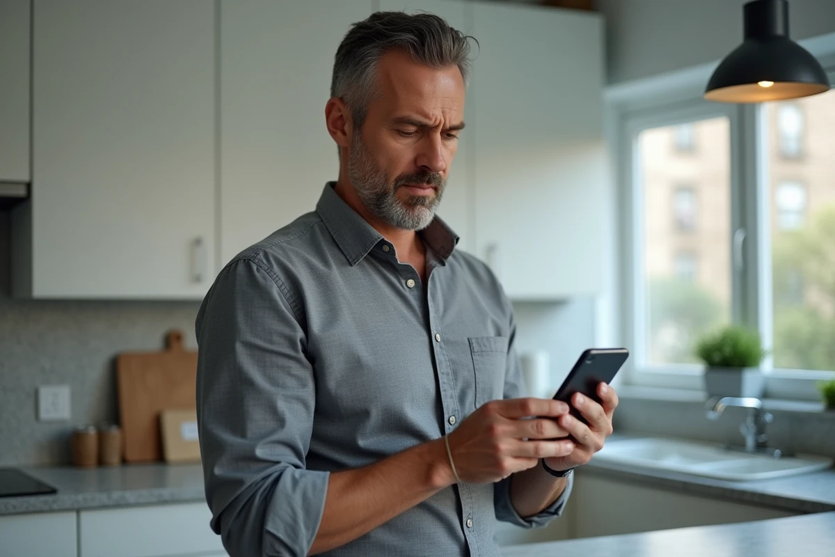 Homme consultant son smartphone pour créer un compte AL'in sans numéro ALIN