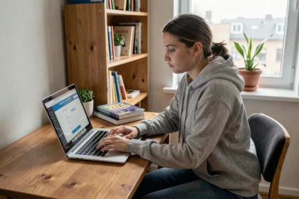 Étudiante en train de s'inscrire au Crous en ligne depuis son studio universitaire