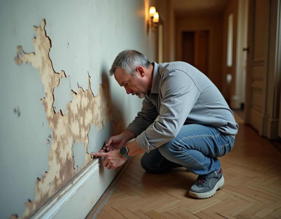 Artisan inspectant des dégâts d'humidité et plâtre dégradé dans un couloir d'appartement haussmannien avec parquet en point de Hongrie