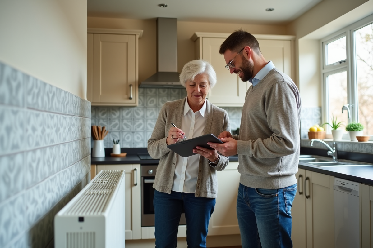 Propriétaire vérifiant un radiateur dans une cuisine moderne et lumineuse