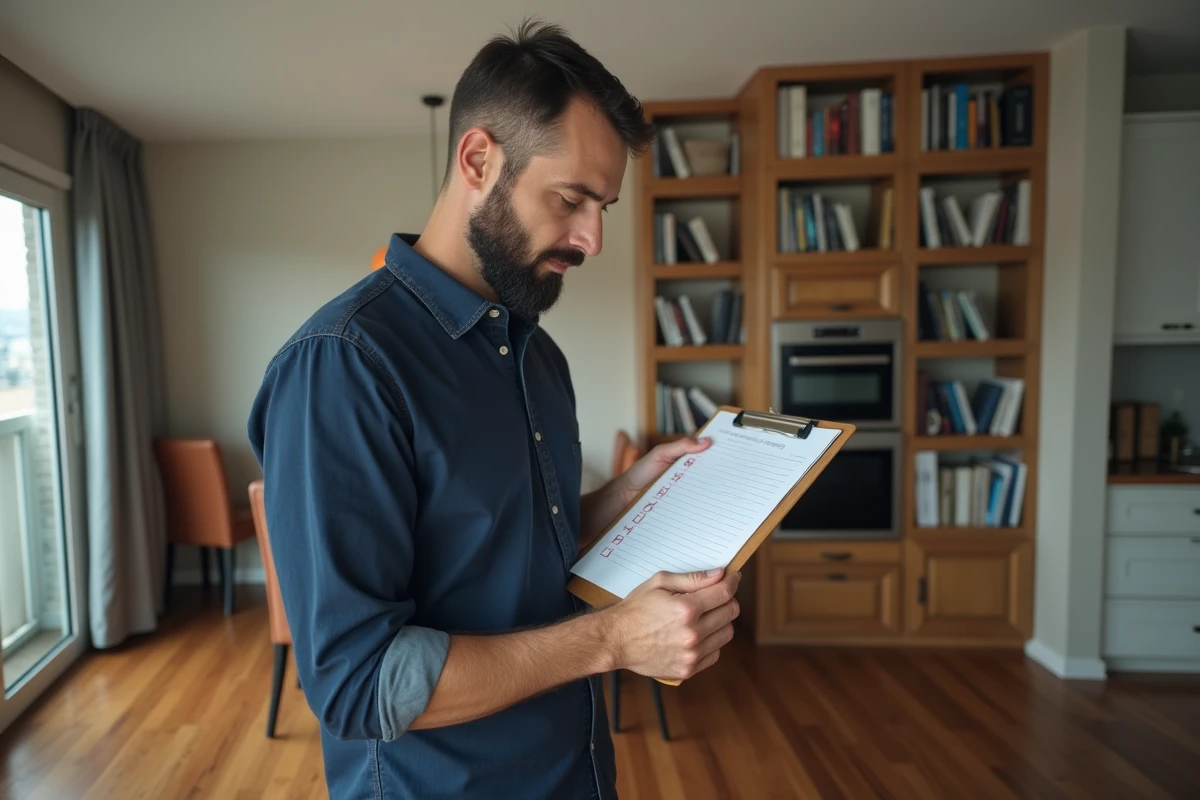 Propriétaire effectuant l'inventaire du mobilier dans un appartement meublé avec un clipboard