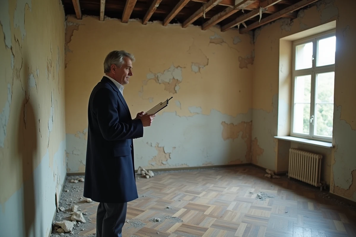 Investisseur immobilier inspectant l'intérieur d'une maison abandonnée à vendre en banlieue parisienne