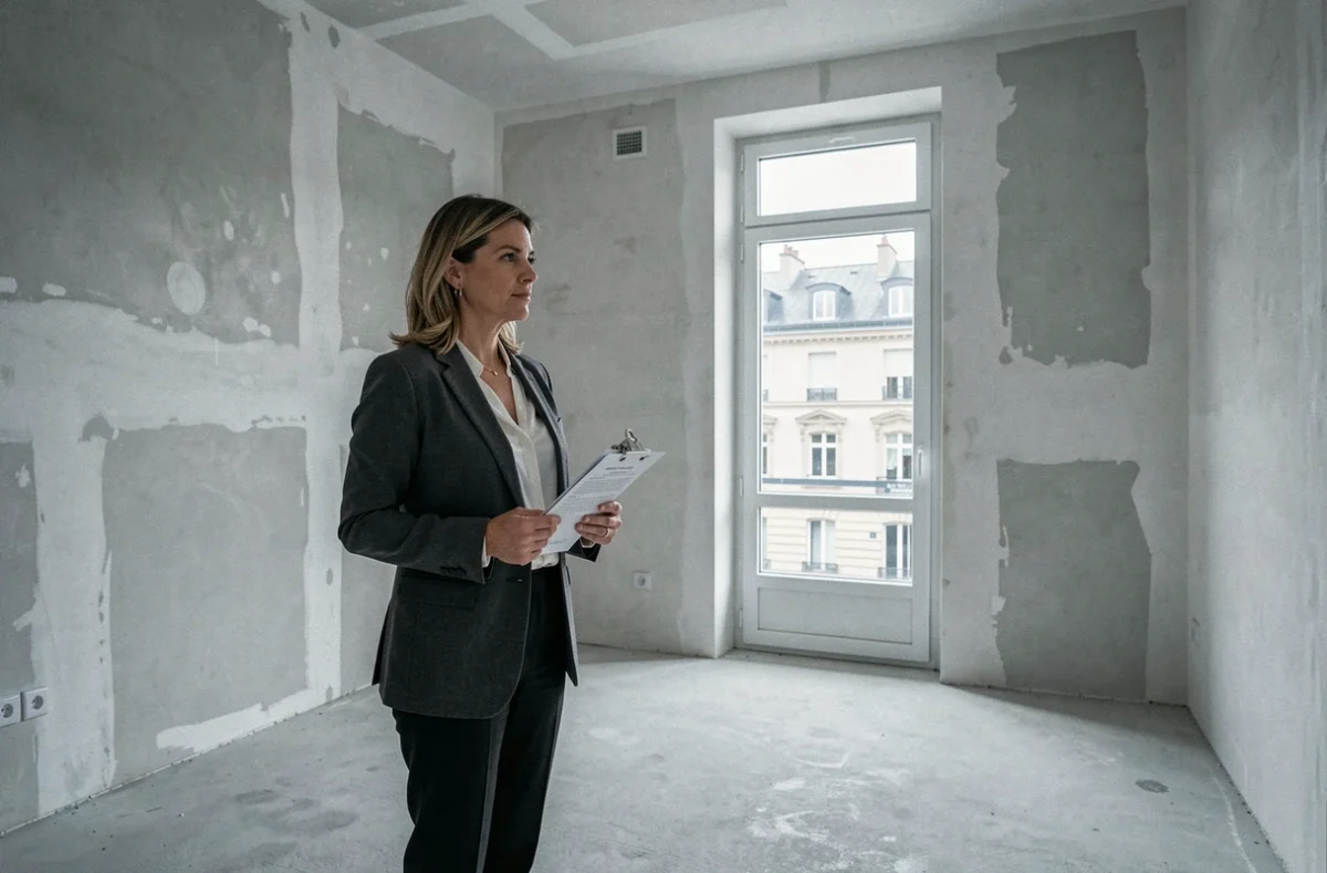Femme investisseur immobilier inspectant un appartement vide à rénover en vue d'une revente rapide, dans le cadre d'une activité de marchand de bien