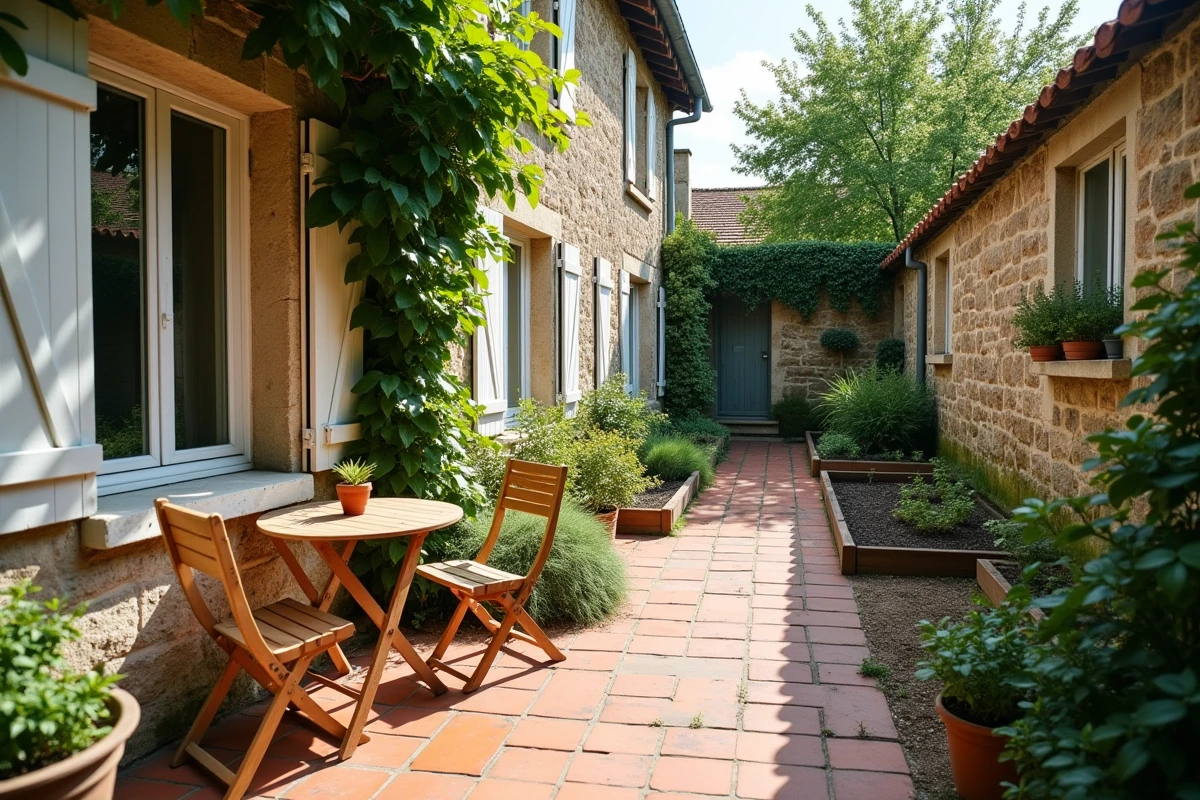 Jardin privatif d'une petite maison à louer entre particuliers en Seine-Maritime avec terrasse et potager