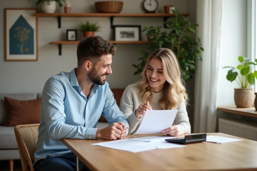 Jeune couple souriant discutant de leur prêt immobilier à la maison