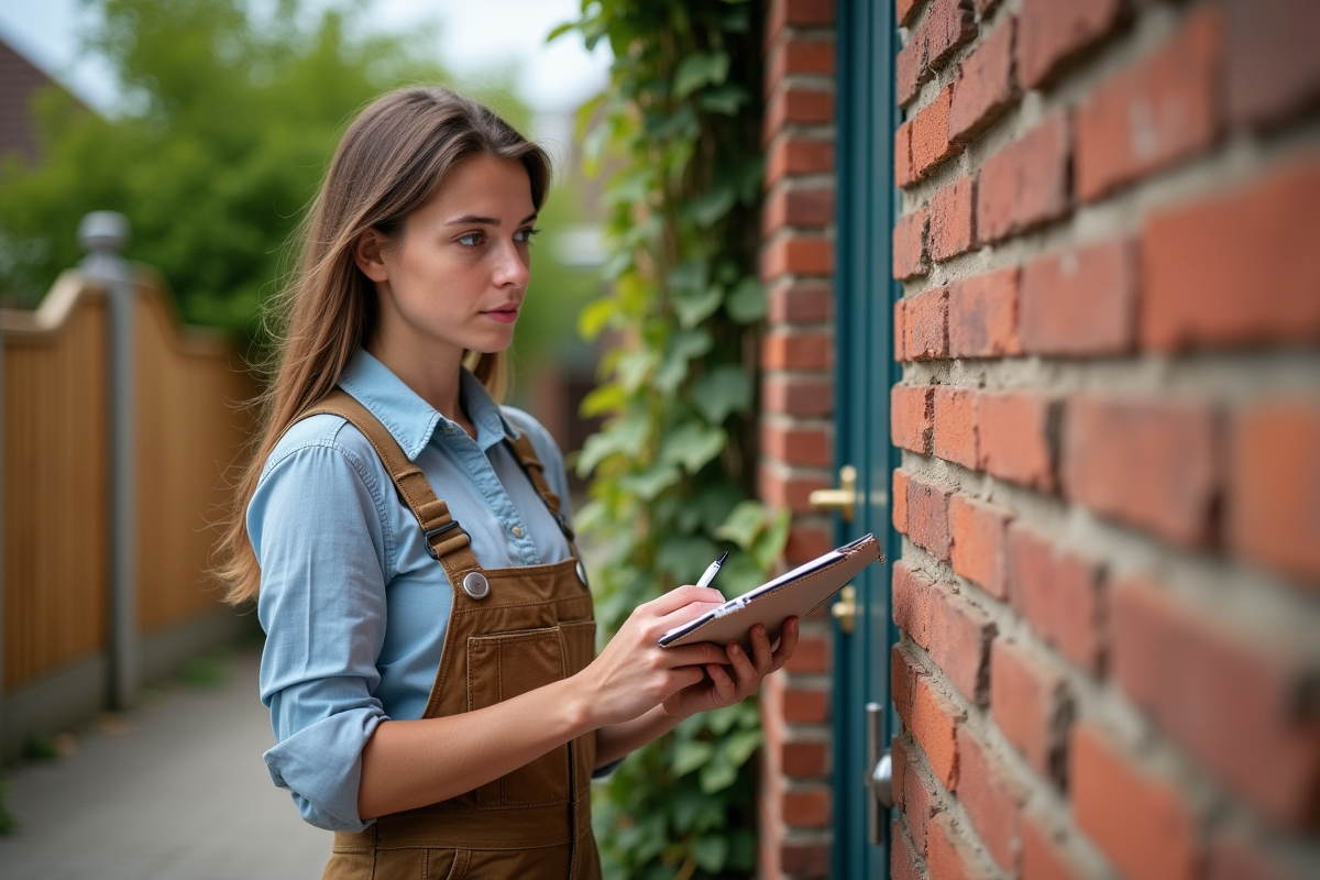 Jeune femme en overalls inspectant des fissures sur un mur extérieur