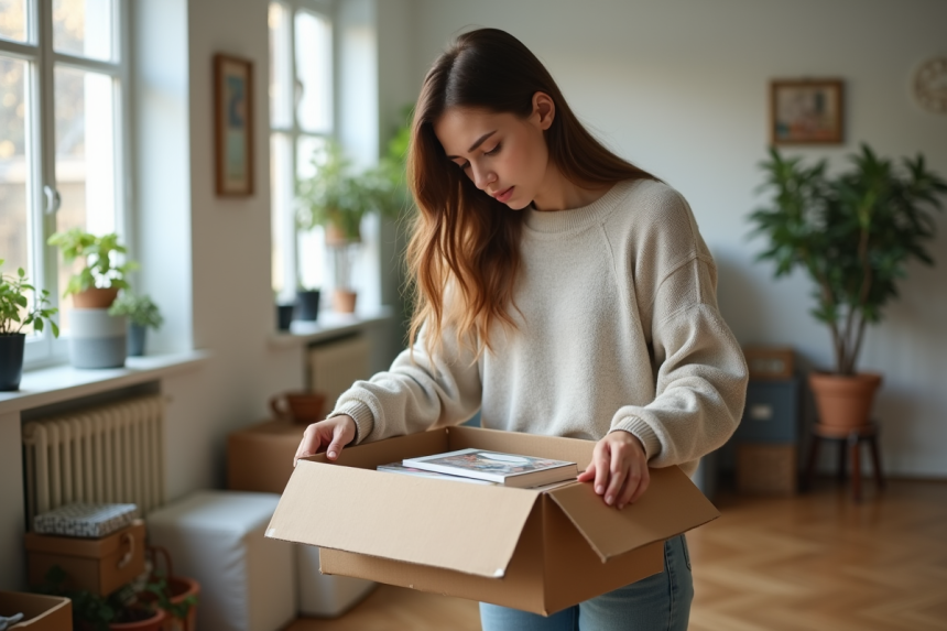 Jeune femme emballant des livres dans un carton dans un appartement