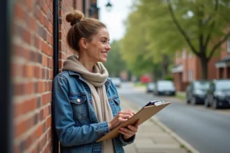 Jeune femme examine la façade d'une maison résidentielle