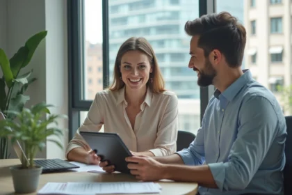 Jeune femme en tenue smartcasual avec agent immobilier regardant des annonces