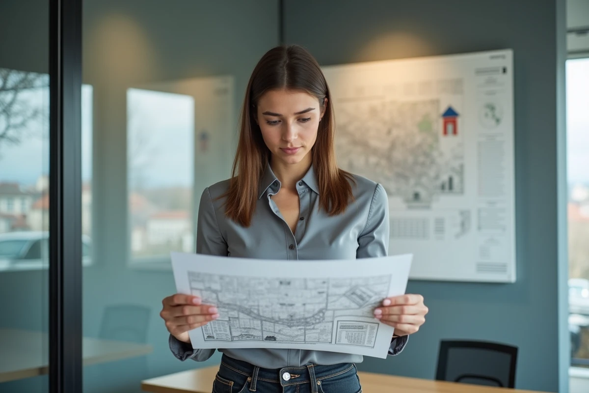 Jeune femme examine un plan immobilier dans un bureau moderne