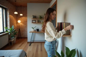 Jeune femme arrangeant des livres dans un appartement cosy