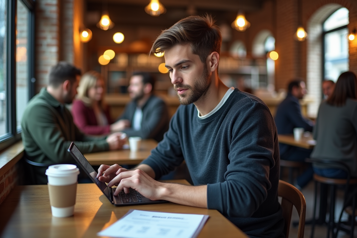 Jeune homme au café utilisant une tablette pour ses finances