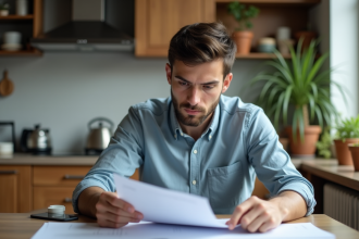 Jeune homme relisant un contrat de location dans son appartement