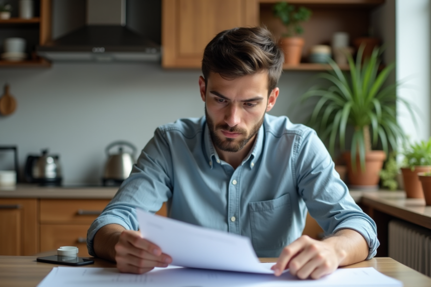 Jeune homme relisant un contrat de location dans son appartement