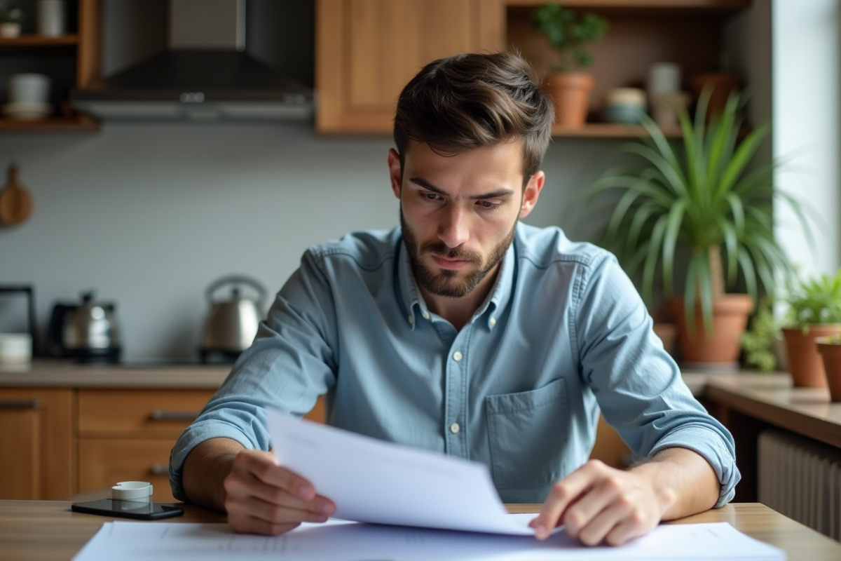 Jeune homme relisant un contrat de location dans son appartement