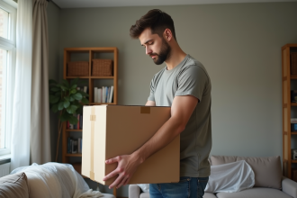 Jeune homme en train de soulever une boîte dans un appartement en cours de déménagement