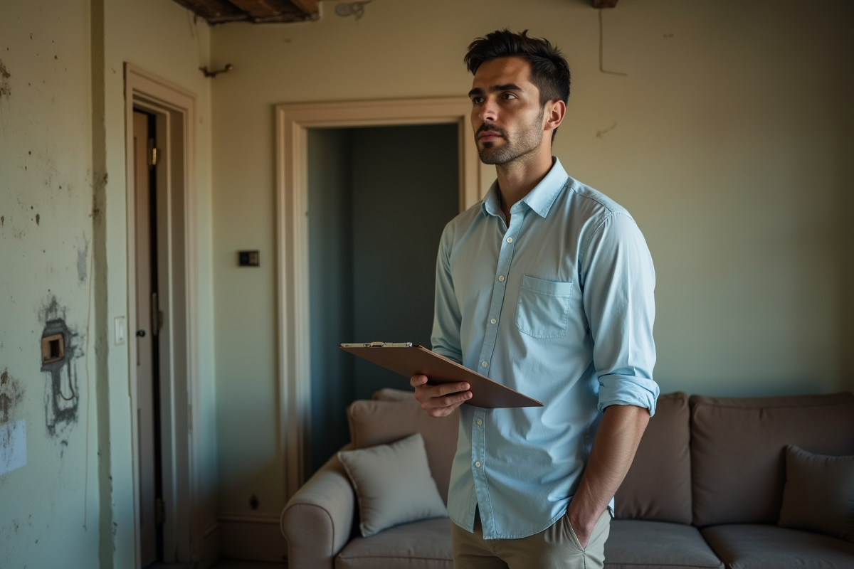 Jeune homme dans un salon en mauvais état avec un clipboard