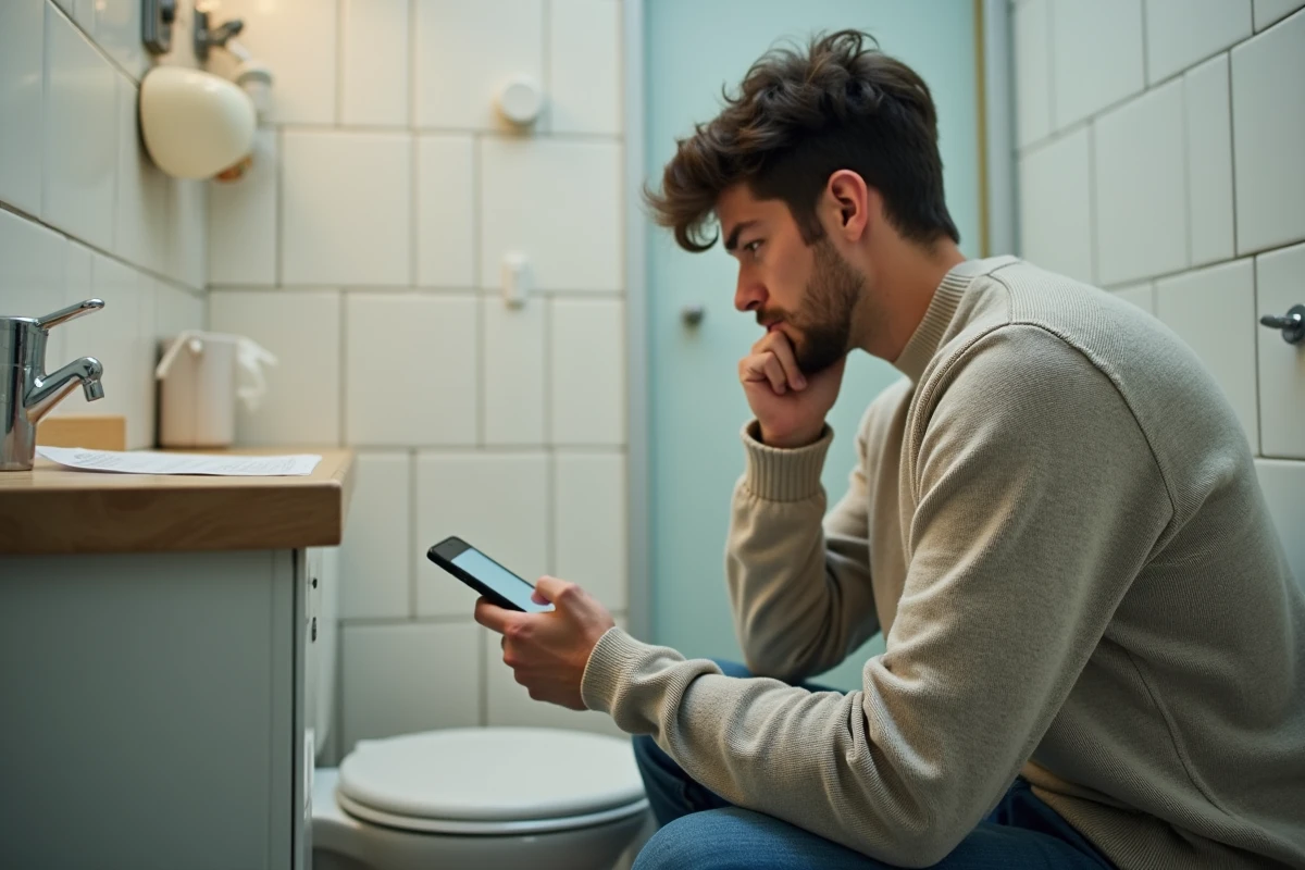 Jeune locataire regardant le toilette avec contrat en main