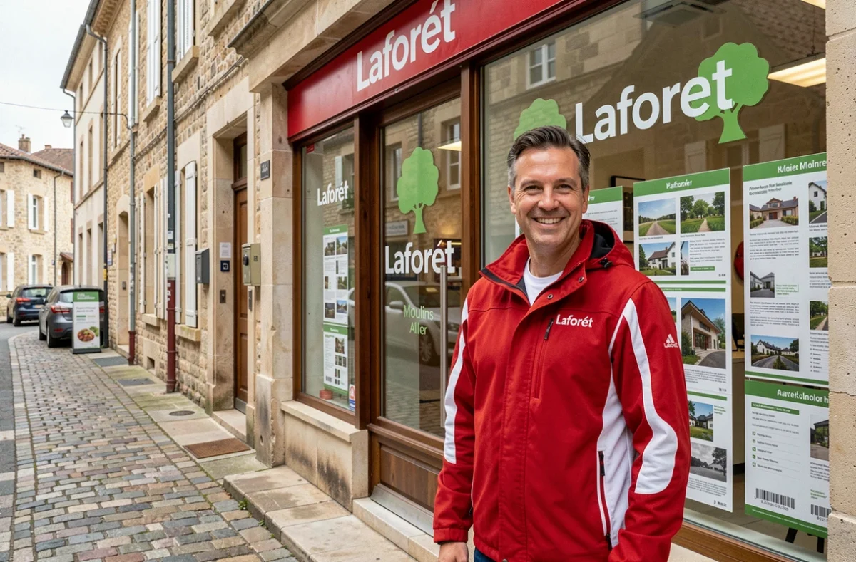 Agent Laforêt devant la vitrine de l'agence immobilière à Moulins dans l'Allier avec logo visible