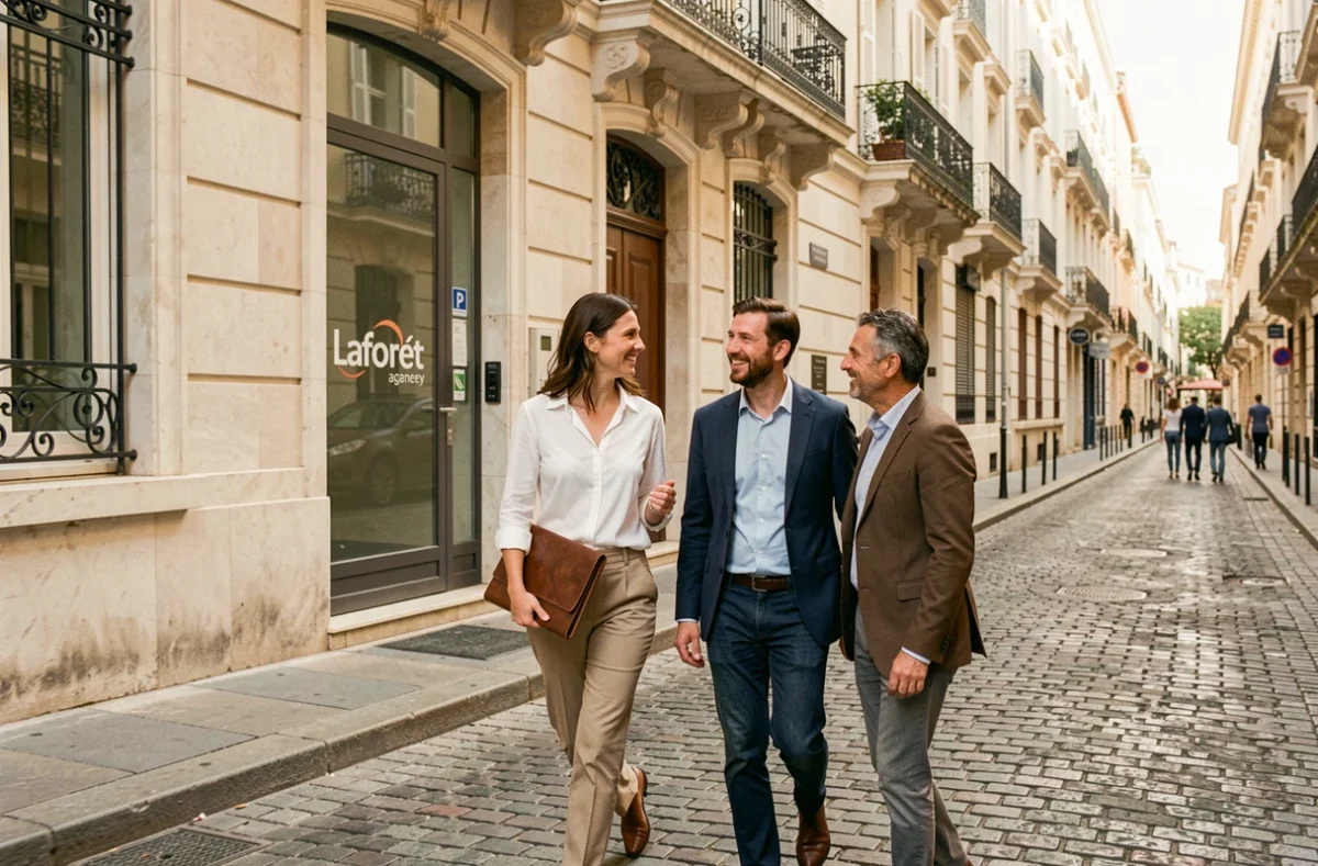 Agente Laforêt accompagnant des clients dans une rue du 7e arrondissement de Marseille