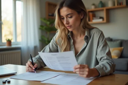 Propriétaire vérifiant une liste de mobilier pour location meublée sur papier dans un appartement moderne