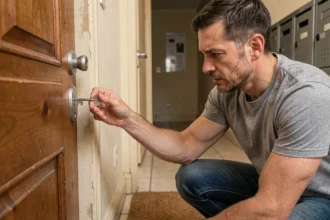 Locataire changeant la serrure de la porte d'entrée de son appartement avec une nouvelle clé