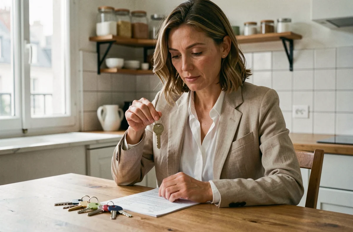 Locataire examinant des clés et un contrat de location sur une table de cuisine