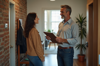 Propriétaire remettant un contrat à une locataire devant un appartement