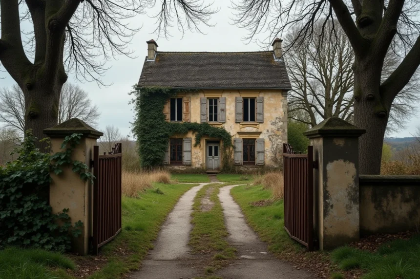 Maison abandonnée en pierre à vendre en Île-de-France, envahie par la végétation avec volets usés et portail rouillé