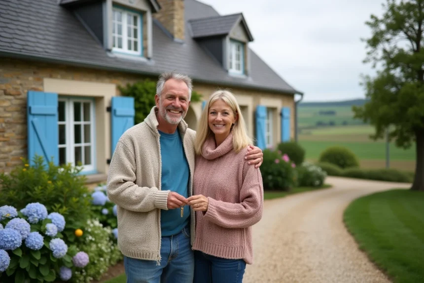 Couple souriant devant une maison normande traditionnelle