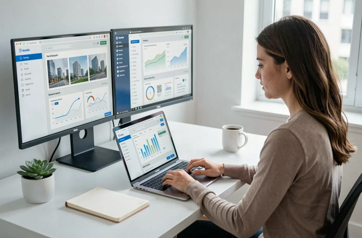 Femme utilisant une plateforme immobilière digitale Manda sur ordinateur dans un bureau moderne