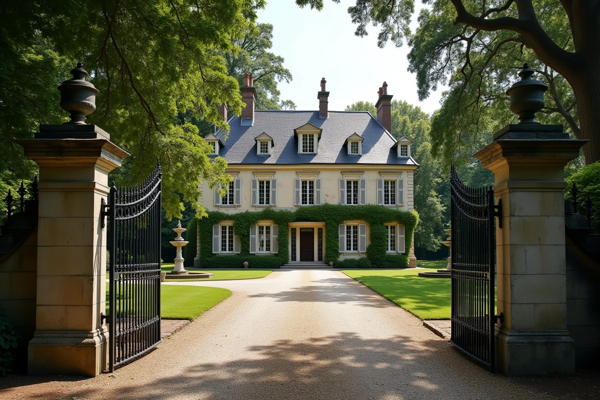 Manoir en pierre de prestige avec jardin formel et grille d'entrée, typique d'un bien immobilier de succession en France