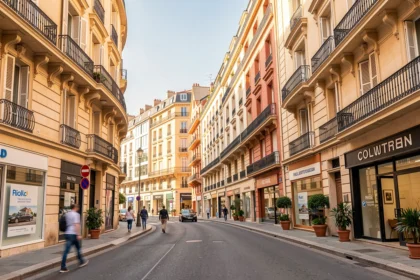 Vue panoramique d'un boulevard marseillais avec des agences immobilières en rez-de-chaussée et des immeubles résidentiels typiques