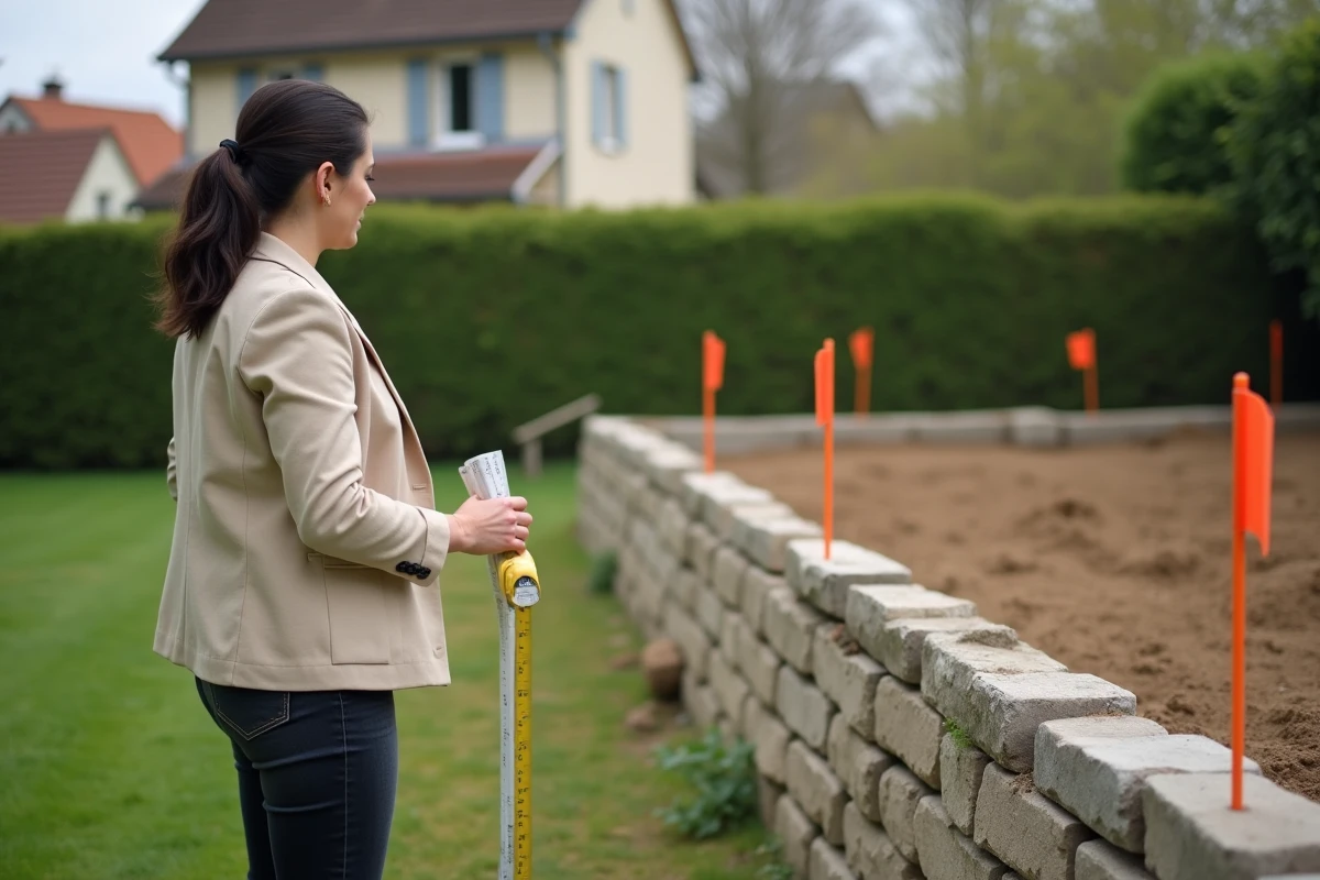 Femme mesurant la limite de propriété dans un jardin résidentiel à côté d'un mur en construction avec des piquets de bornage