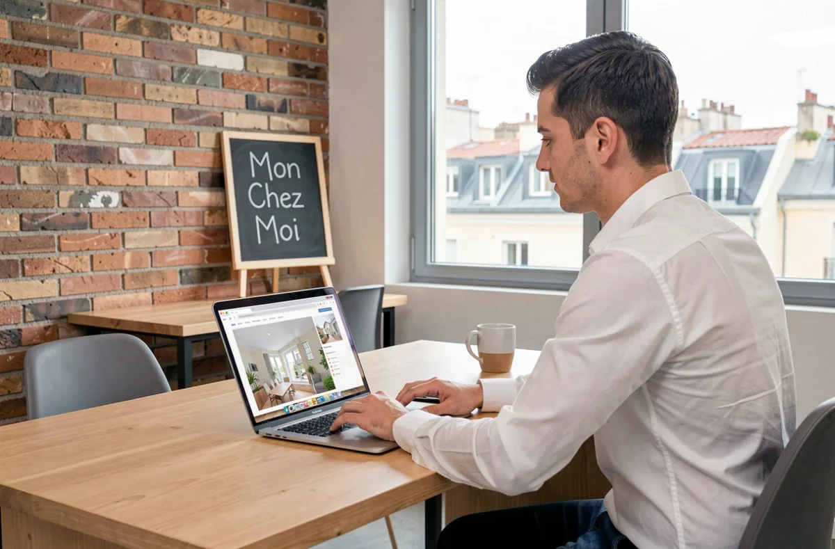 Agent immobilier présentant une annonce sur ordinateur dans le bureau moderne de MYCHEZMOI à Marseille