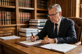 Notaire en costume marine examinant des documents immobiliers officiels dans un bureau traditionnel aux boiseries sombres, illustrant le statut de marchand de bien et les frais de notaire