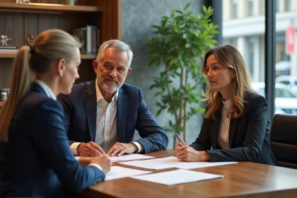 Couple d'adultes en réunion avec un notaire dans un bureau moderne