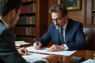 Notaire et marchand de biens examinant des documents de frais de notaire dans un bureau traditionnel français