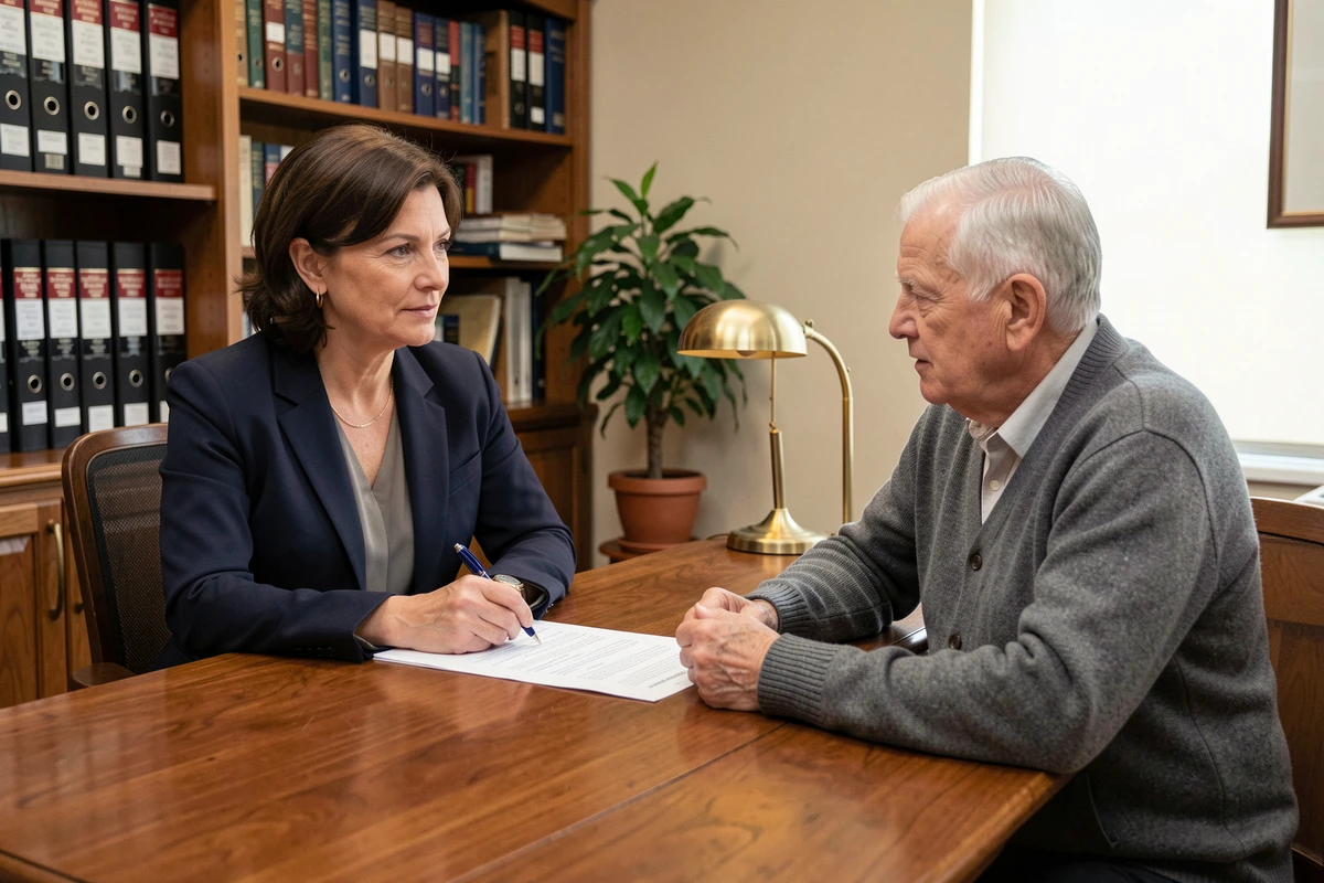 Notaire expliquant les droits d'usufruit en indivision à un homme âgé dans un bureau notarial professionnel