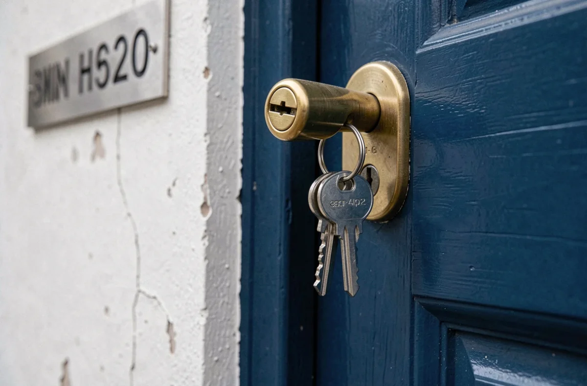 Gros plan sur une nouvelle serrure et des clés neuves installées sur une porte d'appartement