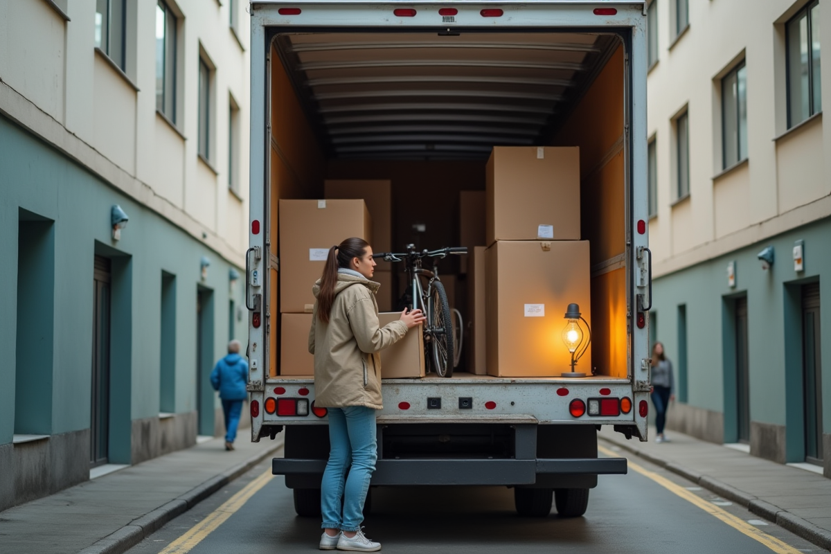 Jeune femme organisant des cartons dans un camion