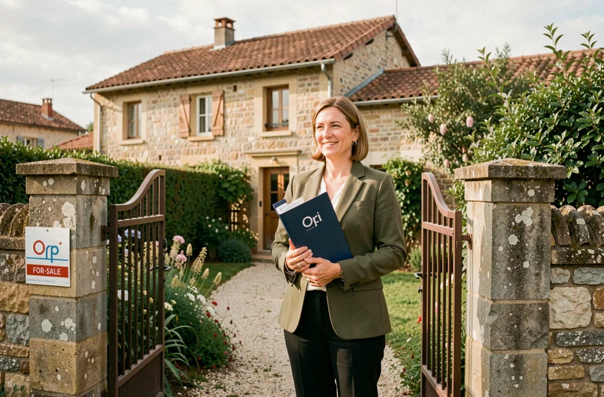 Agente Orpi présentant une maison à vendre dans un village de l'Allier avec panneau de l'enseigne visible