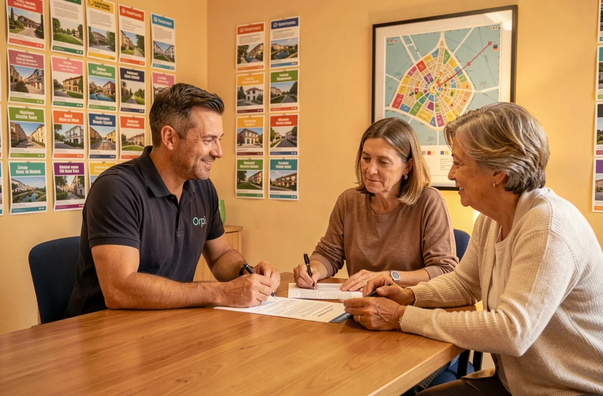 Agent Orpi en réunion avec des clients autour d'un contrat immobilier dans une agence de Marseille